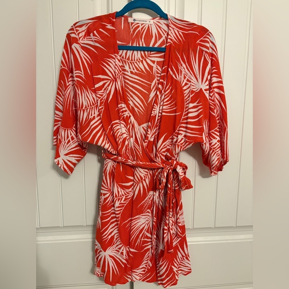 The Impeccable Pig Vibrant Coral and White Leaf Mini Dress